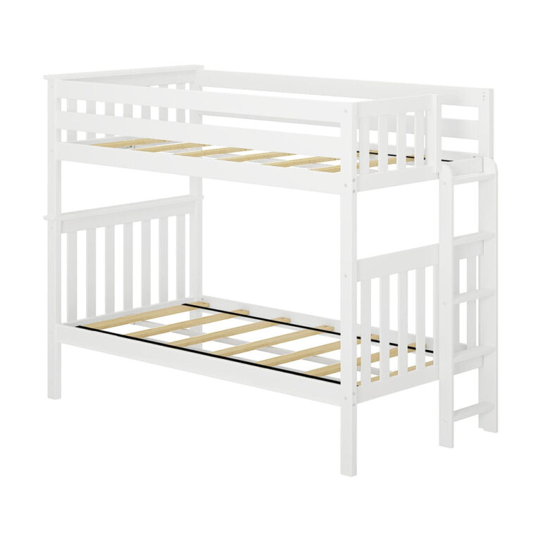 Max and Lily Twin Over Twin Bunk Bed with Ladder on End in White - angled studio view of the bare frame showing the wooden slat supports and the ladder on the end with no mattresses