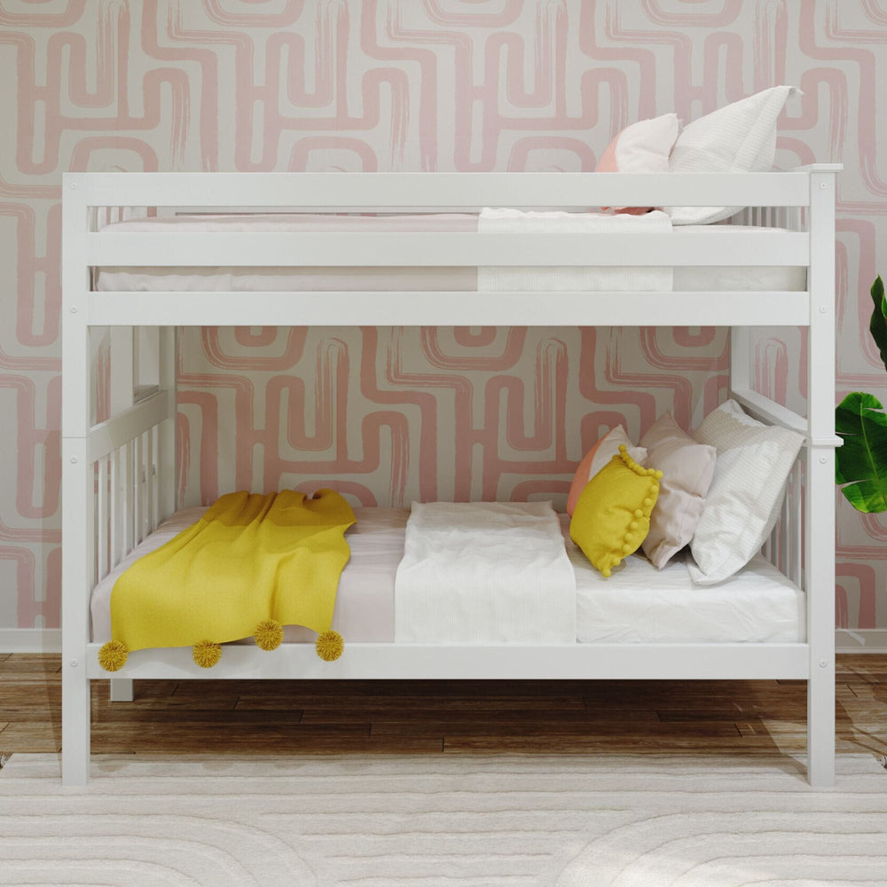 Max and Lily Twin Over Twin Bunk Bed with Ladder on End in White - front view showing both twin bunks with safety guardrails, white bedding and a yellow throw