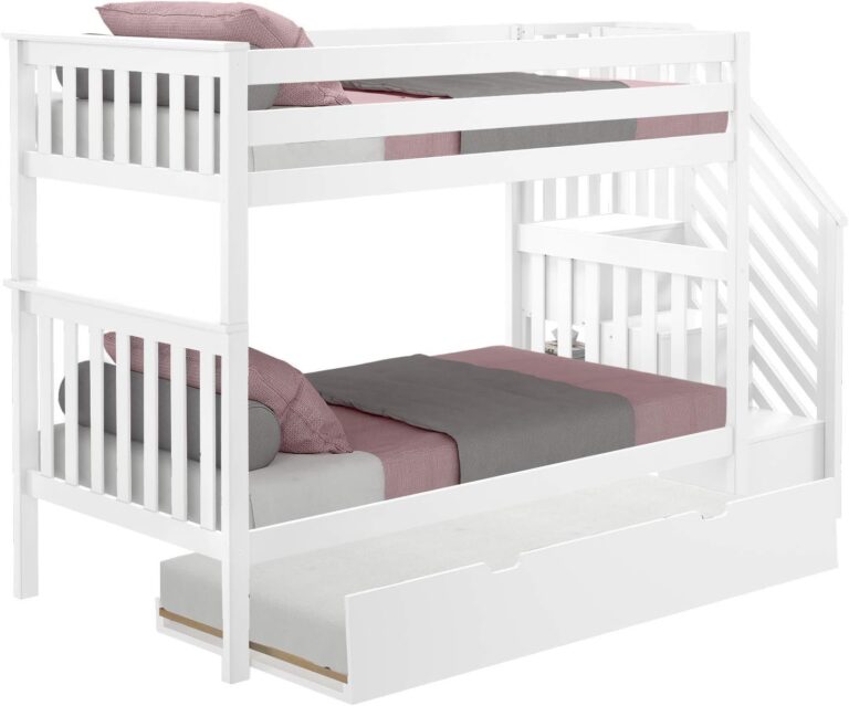 Max And Lily Twin Over Twin Bunk Bed With Stairs And Trundle Angle View Max and Lily Twin Over Twin Bunk Bed with Stairs and Trundle - angled product view with the staircase and trundle drawer pulled out