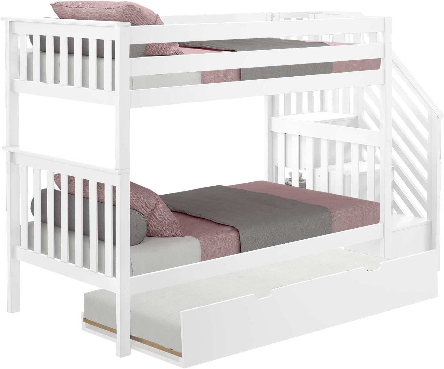 Max and Lily Twin Over Twin Bunk Bed with Stairs and Trundle - angled product view with the staircase and trundle drawer pulled out