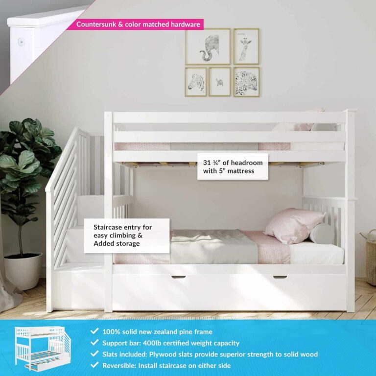 Max And Lily Twin Over Twin Bunk Bed With Stairs And Trundle Features Diagram Max and Lily Twin Over Twin Bunk Bed with Stairs and Trundle - labelled diagram noting headroom clearance, staircase entry with added storage and certified weight capacity