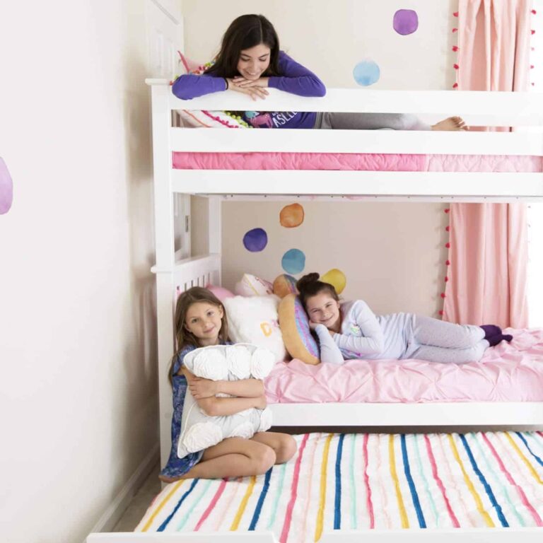 Max And Lily Twin Over Twin Bunk Bed With Stairs And Trundle Kids Playing 7 Max and Lily Twin Over Twin Bunk Bed with Stairs and Trundle - three girls playing on the bunk with the trundle bed rolled out beneath