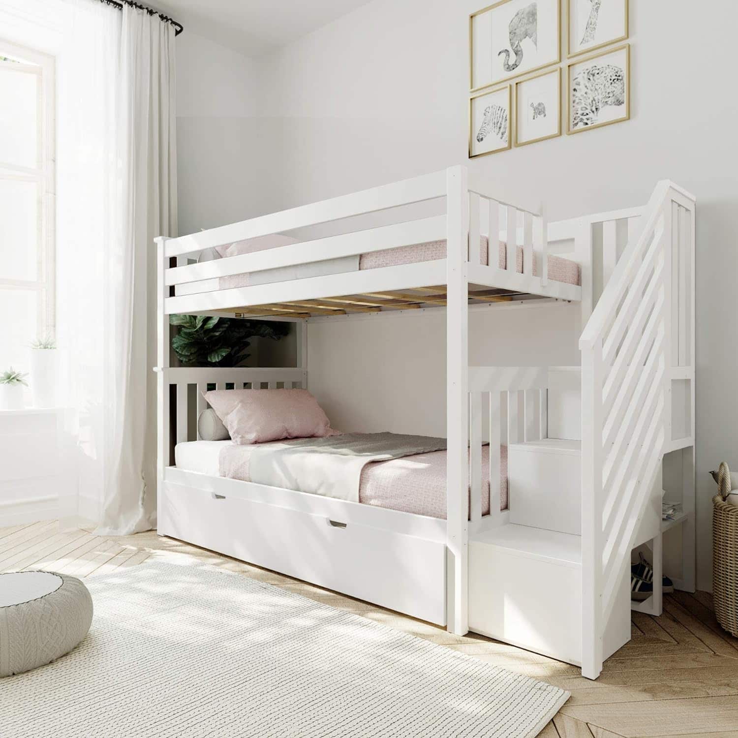 Max and Lily Twin Over Twin Bunk Bed with Stairs and Trundle - angled view in a styled bedroom showing the staircase, safety guardrails and pull-out trundle drawer