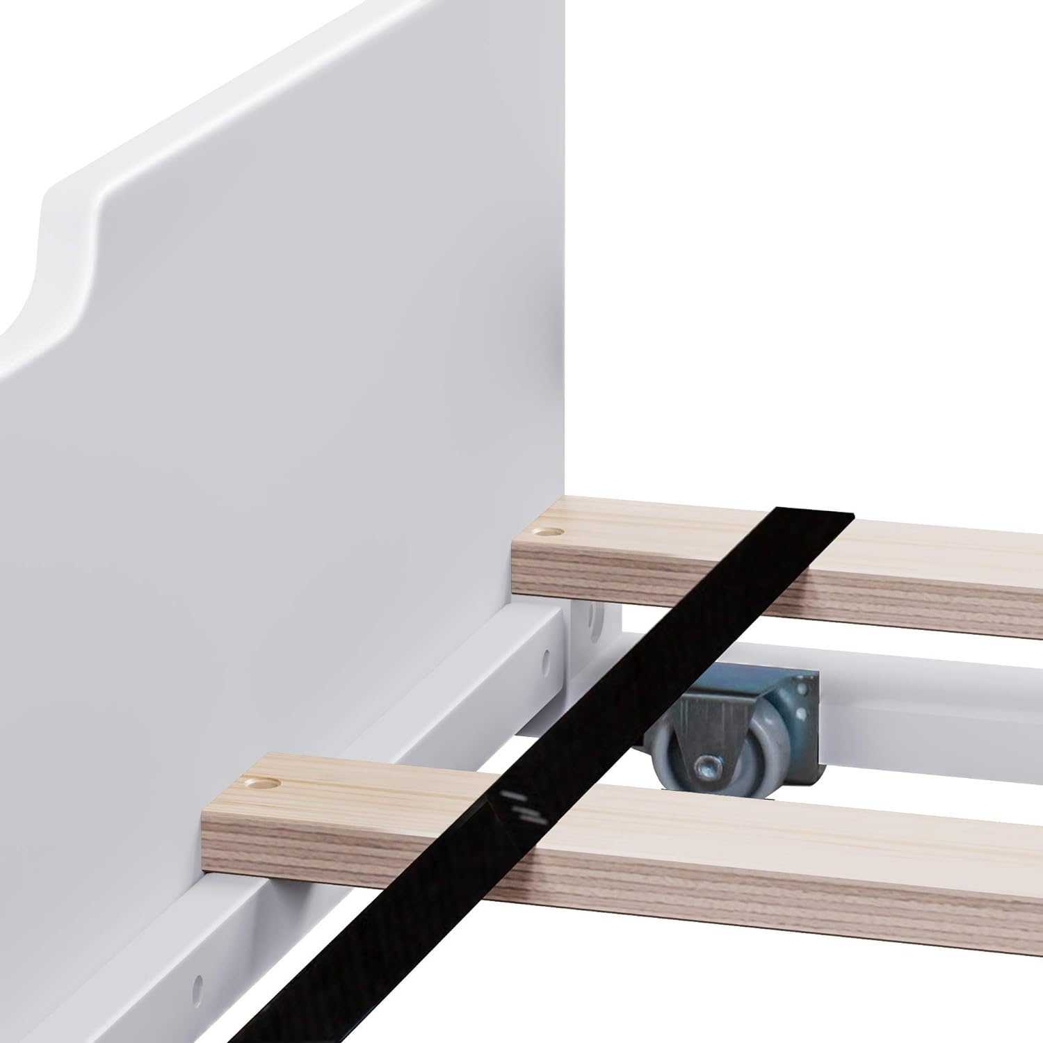 Max and Lily Twin Over Twin Bunk Bed with Stairs and Trundle - close-up of the roll-out trundle frame with wooden slats and caster wheel