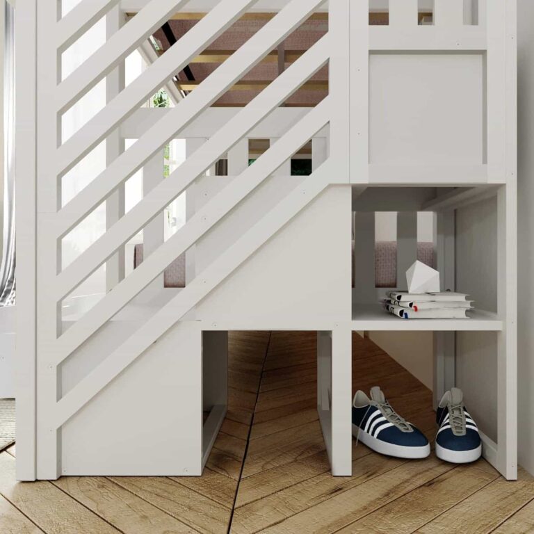 Max And Lily Twin Over Twin Bunk Bed With Stairs And Trundle Understair Storage Max and Lily Twin Over Twin Bunk Bed with Stairs and Trundle - close-up of the built-in storage cubbies beneath the staircase holding books and shoes