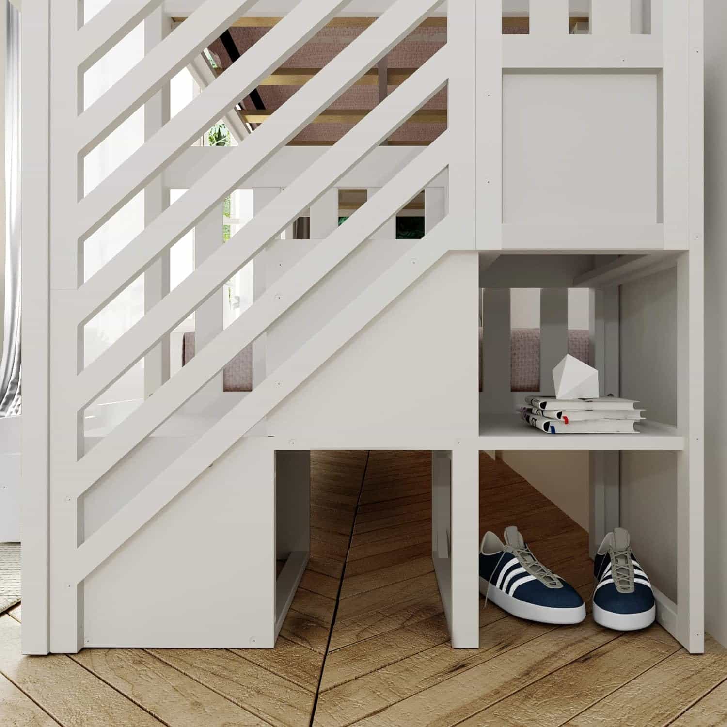 Max and Lily Twin Over Twin Bunk Bed with Stairs and Trundle - close-up of the built-in storage cubbies beneath the staircase holding books and shoes