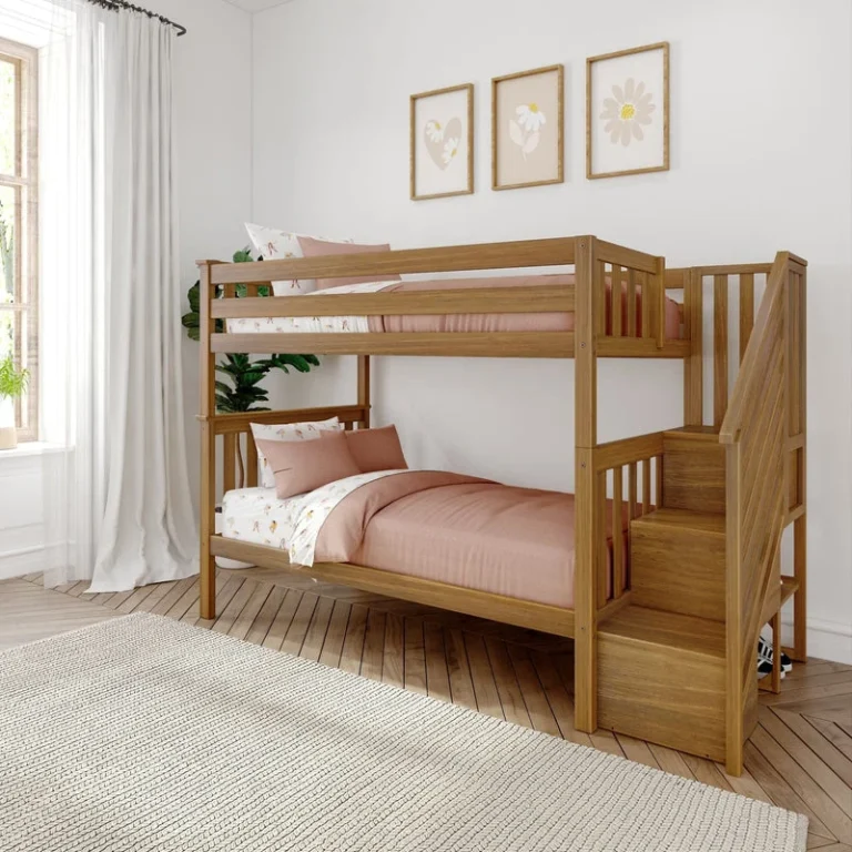 Max And Lily Twin Over Twin Bunk Bed With Stairs Pecan Angle View Max and Lily Twin Over Twin Bunk Bed with Stairs in Pecan - angled room scene showing both made-up bunks with safety guardrails and the storage staircase at the foot of the bed