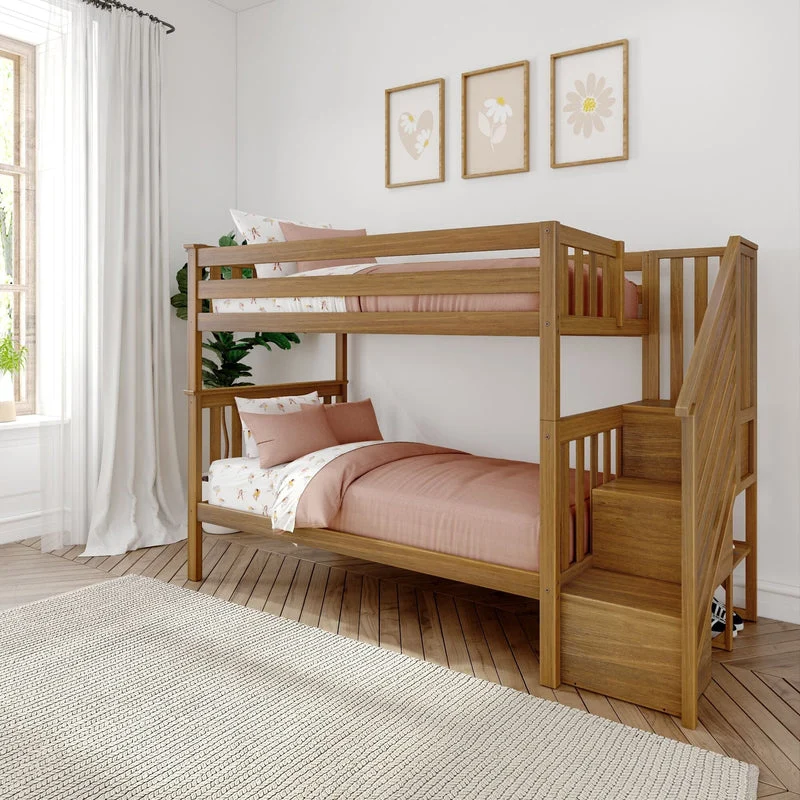 Max and Lily Twin Over Twin Bunk Bed with Stairs in Pecan - angled room scene showing both made-up bunks with safety guardrails and the storage staircase at the foot of the bed