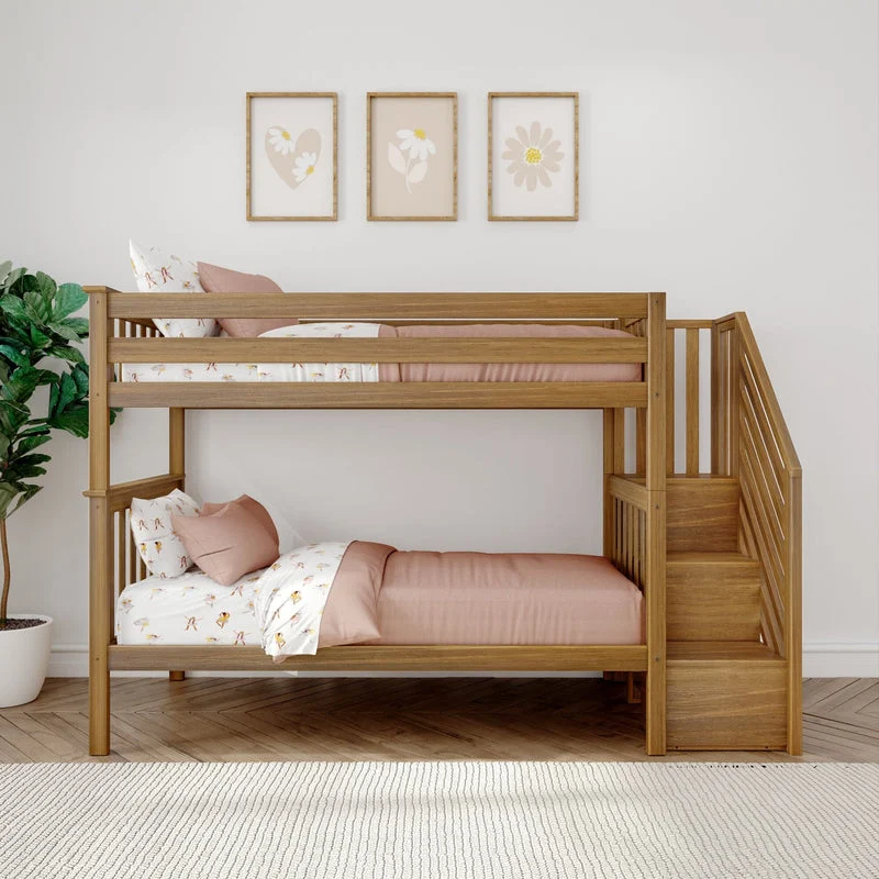 Max and Lily Twin Over Twin Bunk Bed with Stairs in Pecan - front view in a bright bedroom showing full-length upper guardrails and the staircase entry on the right
