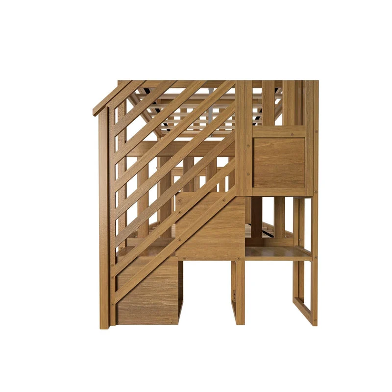 Max and Lily Twin Over Twin Bunk Bed with Stairs in Pecan - end view highlighting the angled staircase with banister rails and built-in storage cubbies