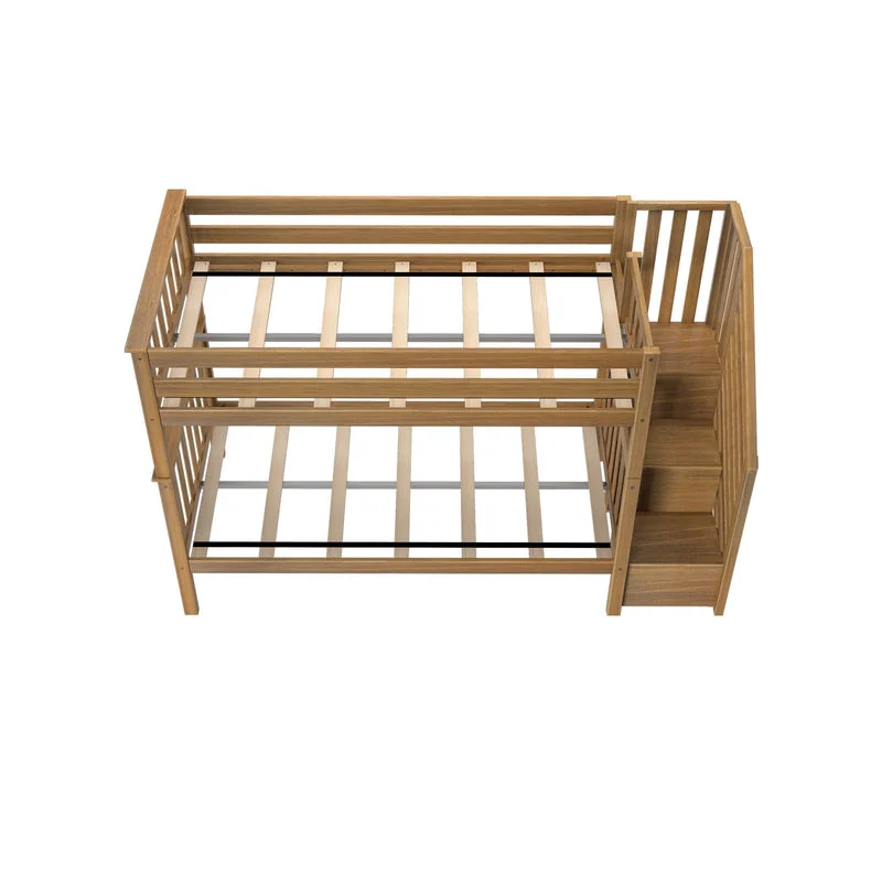 Max and Lily Twin Over Twin Bunk Bed with Stairs in Pecan - top-down view showing the wood slat support system on both twin bunks and the staircase steps