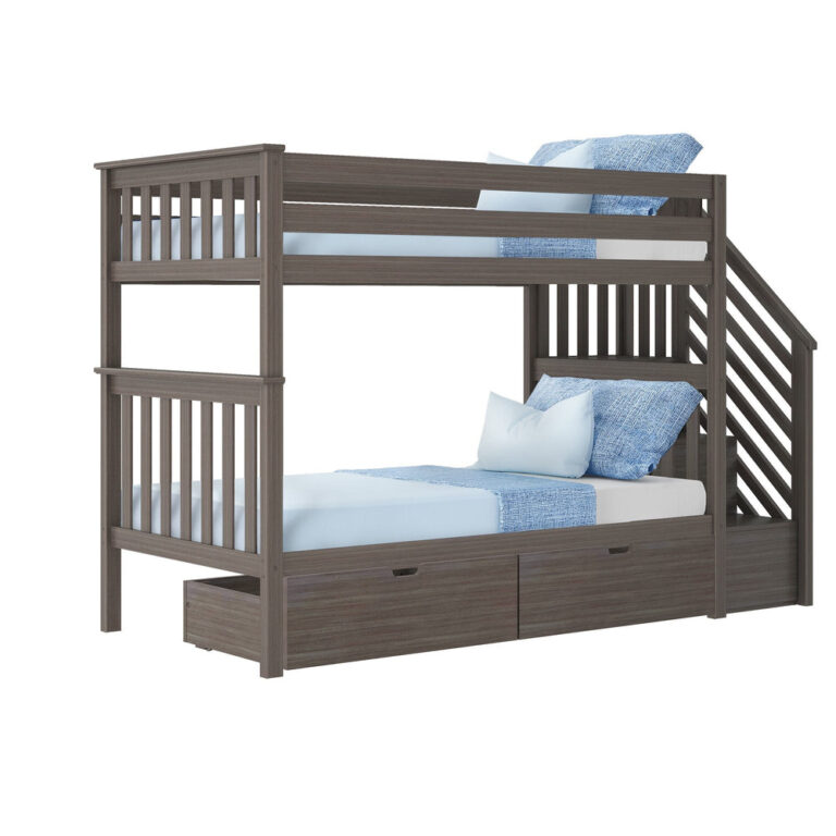 Max And Lily Twin Over Twin Bunk Bed With Stairs Storage Drawers Clay Angle View Max and Lily Twin Over Twin Bunk Bed With Stairs & Storage Drawers in Clay - angled studio view showing the side staircase, full-length guardrails, and two closed storage drawers.