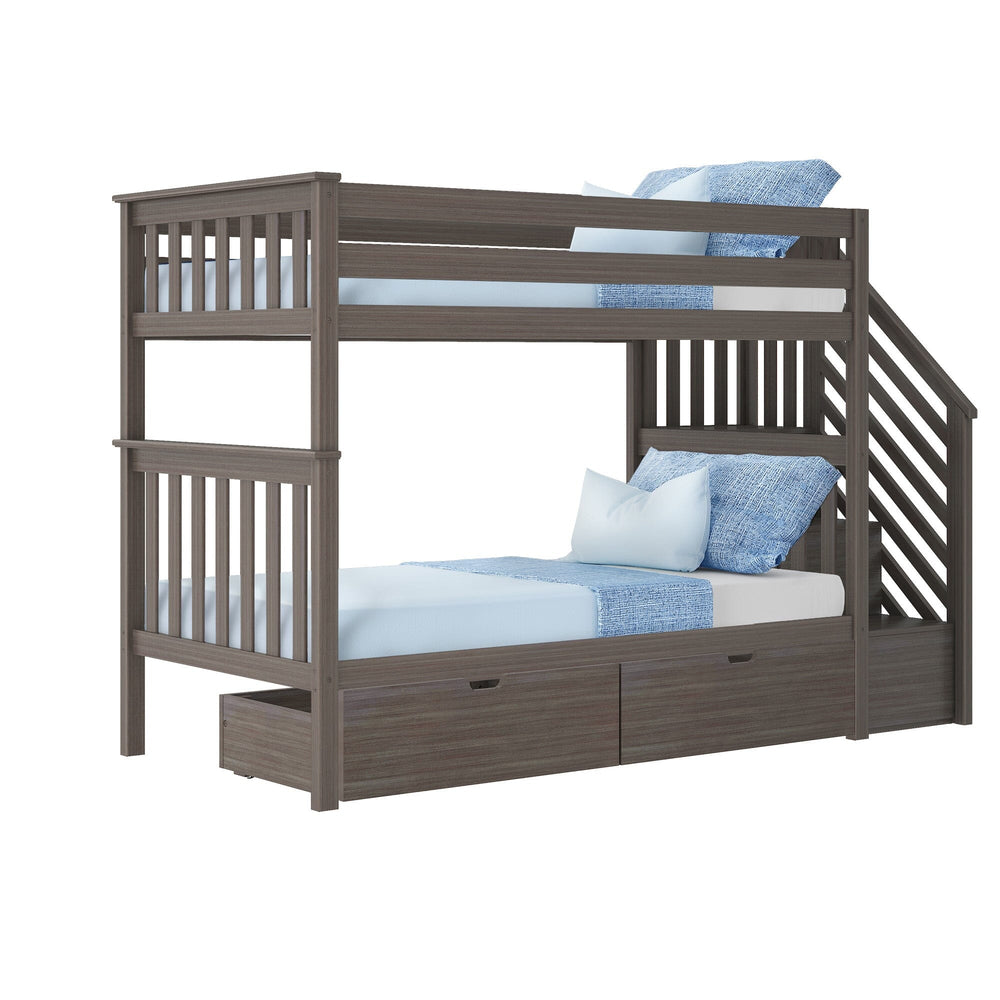 Max And Lily Twin Over Twin Bunk Bed With Stairs Storage Drawers Clay Angle View Max and Lily Twin Over Twin Bunk Bed With Stairs & Storage Drawers in Clay - angled studio view showing the side staircase, full-length guardrails, and two closed storage drawers.