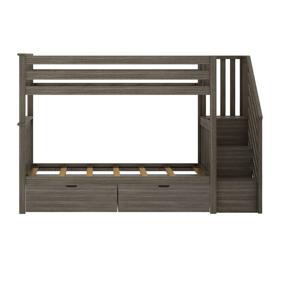 Max And Lily Twin Over Twin Bunk Bed With Stairs Storage Drawers Clay Front View Max and Lily Twin Over Twin Bunk Bed With Stairs & Storage Drawers in Clay - straight front view showing the slatted lower bunk platform, side staircase, and two storage drawers.