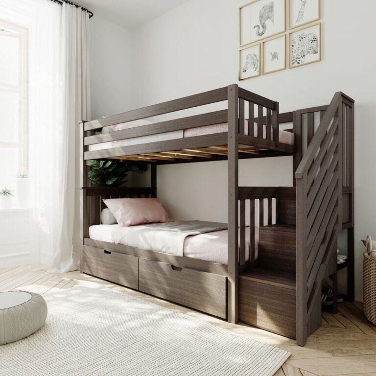 Max And Lily Twin Over Twin Bunk Bed With Stairs Storage Drawers Clay Room Scene Max and Lily Twin Over Twin Bunk Bed With Stairs & Storage Drawers in Clay - angled view in a styled bedroom with side staircase, full-length safety guardrails, and under-bed storage drawers.