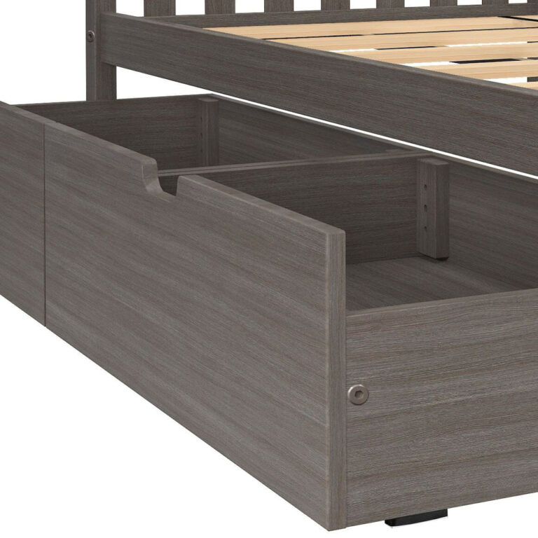 Max And Lily Twin Over Twin Bunk Bed With Stairs Storage Drawers Clay Storage Drawer Detail Max and Lily Twin Over Twin Bunk Bed With Stairs & Storage Drawers in Clay - close-up of a pulled-out under-bed storage drawer beside the wooden slat platform.