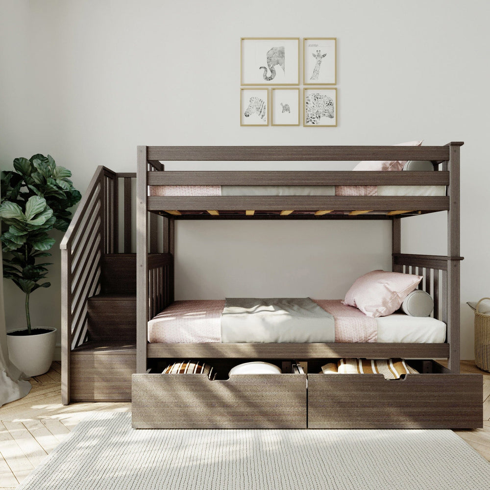 Max And Lily Twin Over Twin Bunk Bed With Stairs Storage Drawers Clay Storage Drawers Open Max and Lily Twin Over Twin Bunk Bed With Stairs & Storage Drawers in Clay - front view in a bedroom with both under-bed storage drawers pulled open and a side staircase.