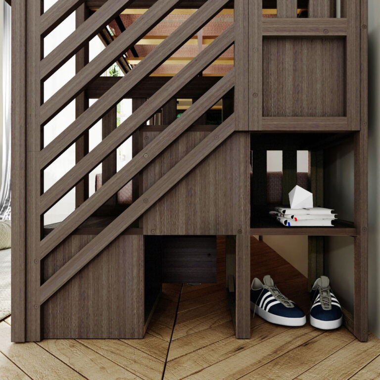 Max And Lily Twin Over Twin Bunk Bed With Stairs Storage Drawers Clay Under Stair Storage Max and Lily Twin Over Twin Bunk Bed With Stairs & Storage Drawers in Clay - close-up of the staircase with diagonal lattice guard and open storage shelves holding books and shoes.