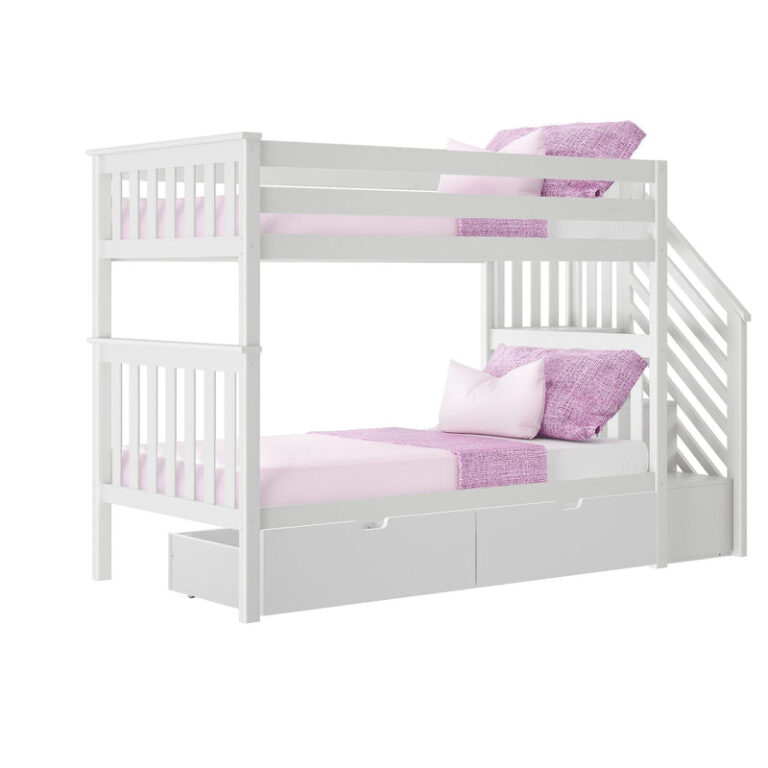 Max And Lily Twin Over Twin Bunk Bed With Stairs Storage Drawers White Angle View Max and Lily Twin Over Twin Bunk Bed With Stairs & Storage Drawers in white - angle view of the bunk bed with staircase and two under-bed storage drawers.