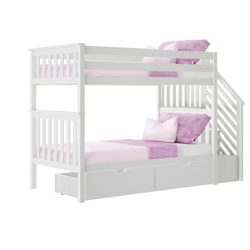 Max And Lily Twin Over Twin Bunk Bed With Stairs Storage Drawers White Angle View Max and Lily Twin Over Twin Bunk Bed With Stairs & Storage Drawers in white - angle view of the bunk bed with staircase and two under-bed storage drawers.