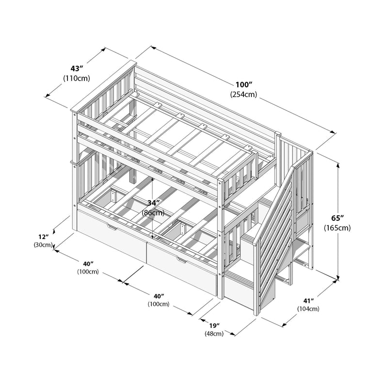 Max And Lily Twin Over Twin Bunk Bed With Stairs Storage Drawers White Dimensions Diagram 17 Max and Lily Twin Over Twin Bunk Bed With Stairs & Storage Drawers in white - dimensions diagram with measurements in inches and centimeters for length, width, and height.