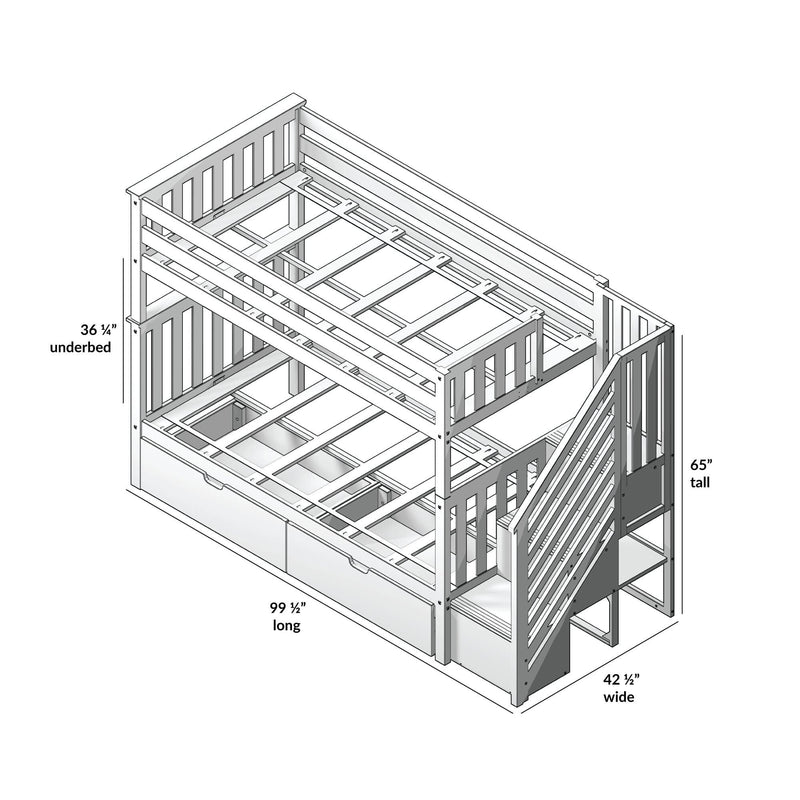 Max And Lily Twin Over Twin Bunk Bed With Stairs Storage Drawers White Dimensions Diagram 7 Max and Lily Twin Over Twin Bunk Bed With Stairs & Storage Drawers in white - dimensions diagram showing underbed clearance, overall length, width, and height.