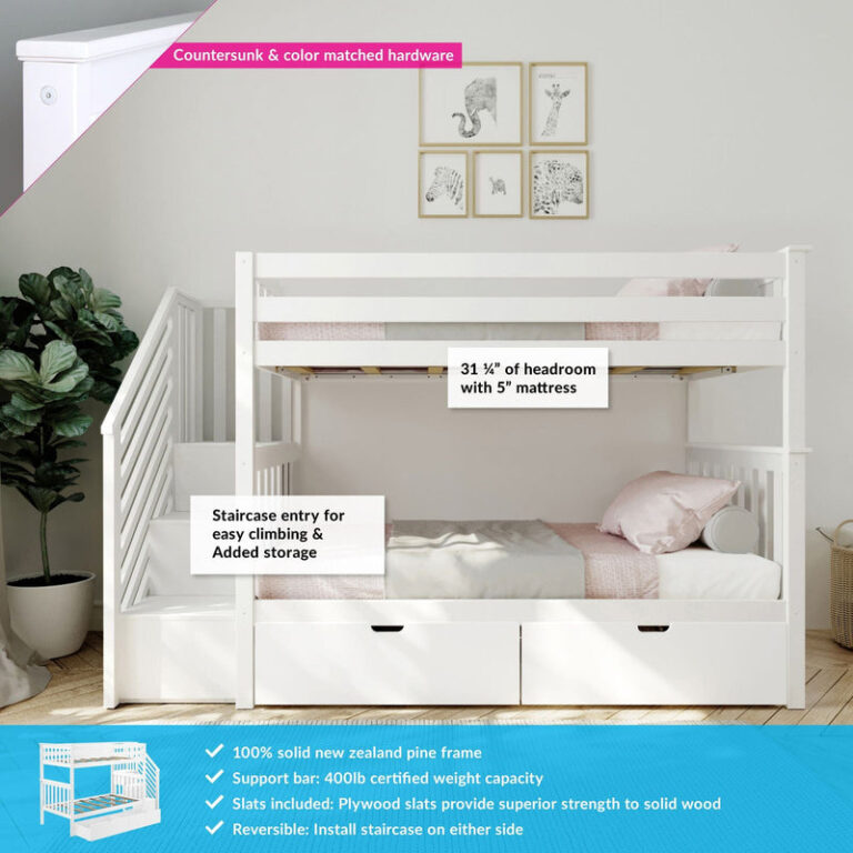 Max And Lily Twin Over Twin Bunk Bed With Stairs Storage Drawers White Features Overview Max and Lily Twin Over Twin Bunk Bed With Stairs & Storage Drawers in white - feature overview highlighting the headroom, staircase entry with added storage, and 400 lb weight capacity.