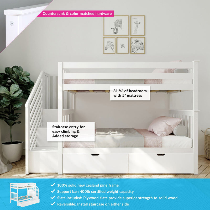 Max And Lily Twin Over Twin Bunk Bed With Stairs Storage Drawers White Features Overview Max and Lily Twin Over Twin Bunk Bed With Stairs & Storage Drawers in white - feature overview highlighting the headroom, staircase entry with added storage, and 400 lb weight capacity.