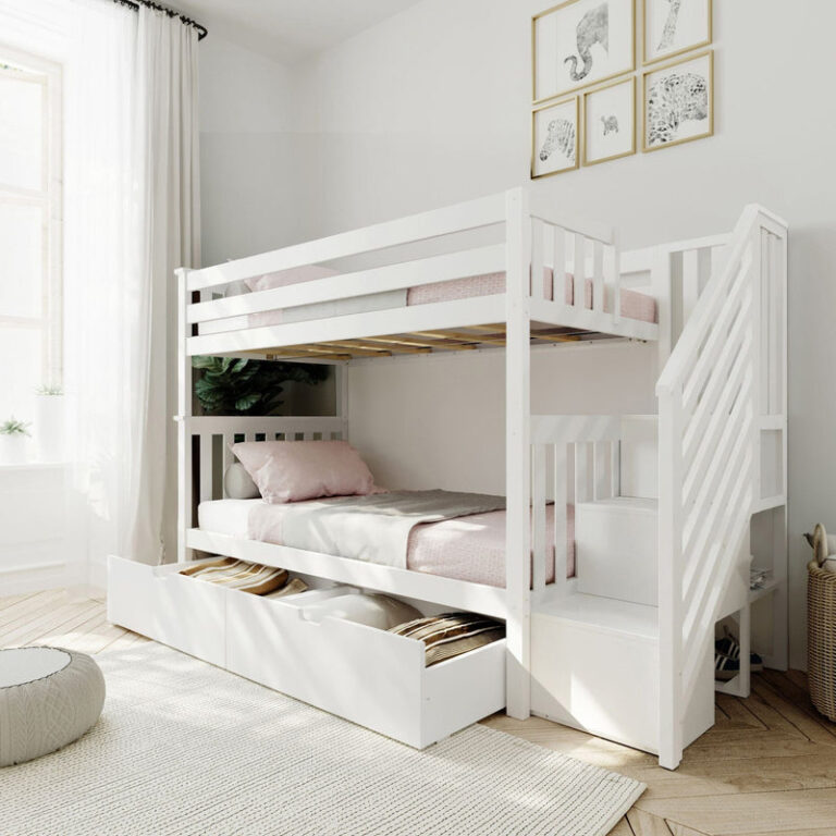 Max And Lily Twin Over Twin Bunk Bed With Stairs Storage Drawers White Room Scene Max and Lily Twin Over Twin Bunk Bed With Stairs & Storage Drawers in white - styled bedroom scene showing the staircase entry and two under-bed storage drawers.