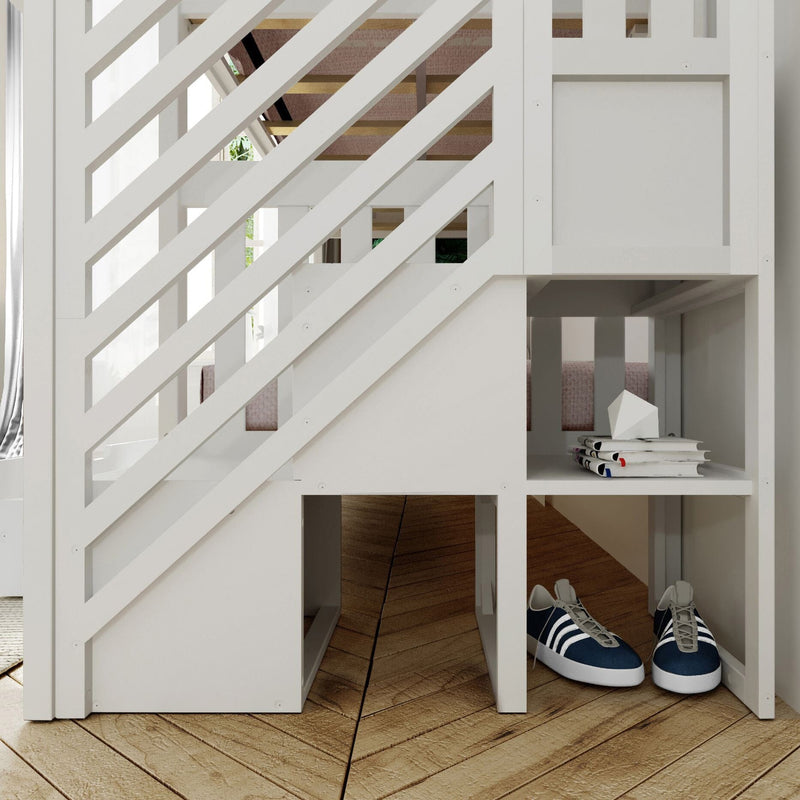 Max And Lily Twin Over Twin Bunk Bed With Stairs Storage Drawers White Staircase Storage Max and Lily Twin Over Twin Bunk Bed With Stairs & Storage Drawers in white - close-up of the staircase storage cubbies holding books and shoes.