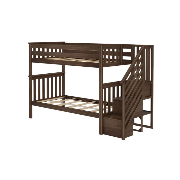 Max And Lily Twin Over Twin Bunk Bed With Stairs Walnut Angle View Max and Lily Twin Over Twin Bunk Bed with Stairs in Walnut - angle view showing slatted bed bases, top-bunk guardrails and the built-in staircase with handrail