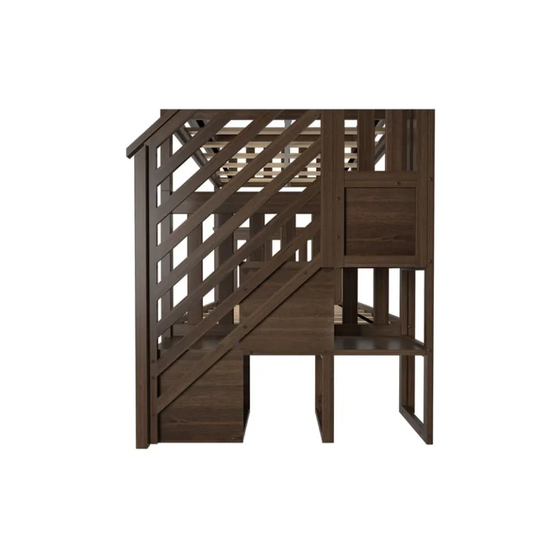 Max And Lily Twin Over Twin Bunk Bed With Stairs Walnut Back View Max and Lily Twin Over Twin Bunk Bed with Stairs in Walnut - back view of the staircase end showing the angled handrail, step structure and slat rolls