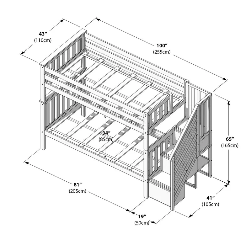 Max and Lily Twin Over Twin Bunk Bed with Stairs in Walnut - dimensions diagram showing 100 inch total length, 43 inch width, 65 inch height and 19 inch staircase depth