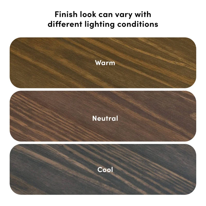 Max and Lily Twin Over Twin Bunk Bed with Stairs in Walnut - finish closeup comparing how the wood grain looks under warm, neutral and cool lighting