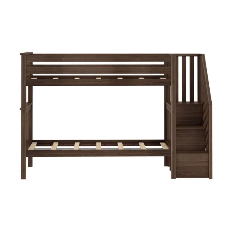 Max And Lily Twin Over Twin Bunk Bed With Stairs Walnut Front View Max and Lily Twin Over Twin Bunk Bed with Stairs in Walnut - front view on white background showing upper guardrails, wooden slats and the four-step staircase