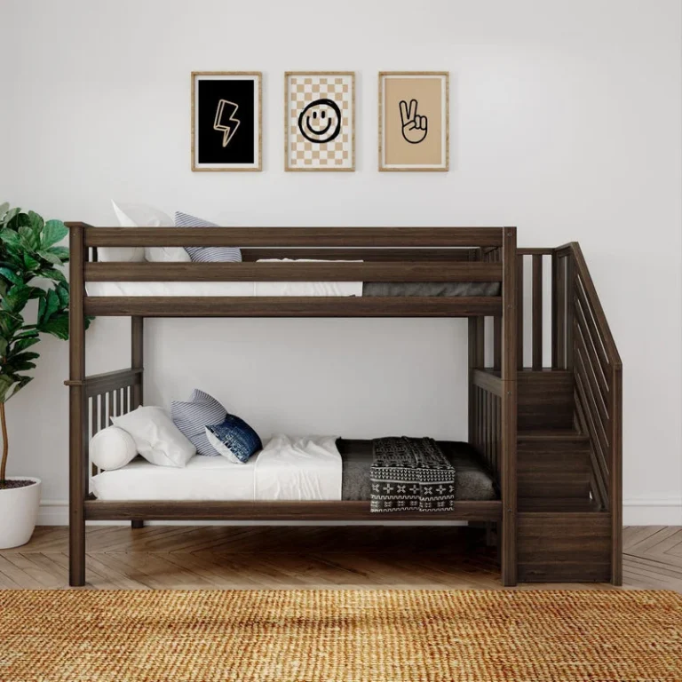 Max And Lily Twin Over Twin Bunk Bed With Stairs Walnut Room Scene 2 Max and Lily Twin Over Twin Bunk Bed with Stairs in Walnut - straight-on room scene showing both twin bunks made up with pillows and the staircase at the right end