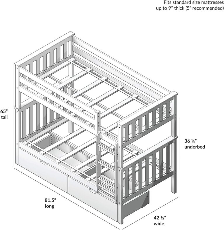 Max And Lily Twin Over Twin Bunk Bed With Storage Dimensions Diagram Max and Lily Twin Over Twin Bunk Bed With Storage - dimensions diagram showing height, length, width, and under-bed clearance measurements