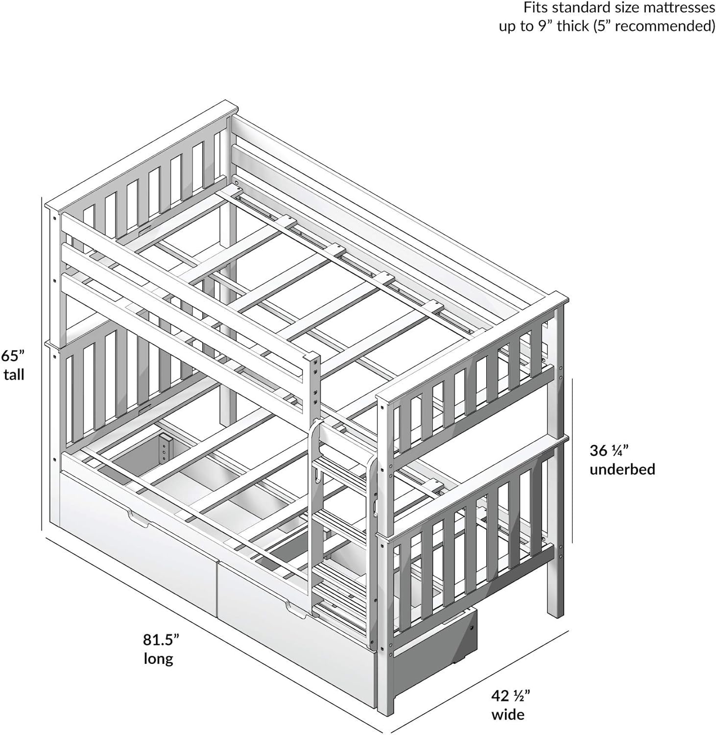 Max And Lily Twin Over Twin Bunk Bed With Storage Dimensions Diagram Max and Lily Twin Over Twin Bunk Bed With Storage - dimensions diagram showing height, length, width, and under-bed clearance measurements