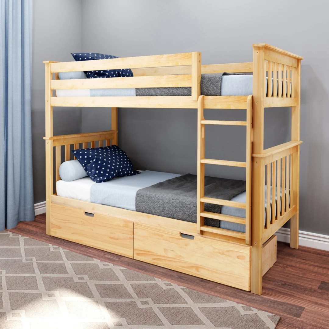 Max and Lily Twin Over Twin Bunk Bed With Storage in Natural - bunk bed with safety guardrails, side ladder and two under-bed storage drawers in a kids bedroom with grey walls and patterned rug