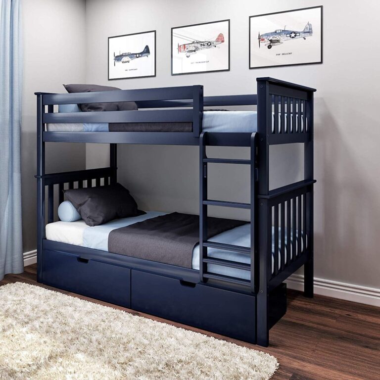 Max And Lily Twin Over Twin Bunk Bed With Storage Room Scene Max and Lily Twin Over Twin Bunk Bed With Storage - styled in a kids bedroom with under-bed storage drawers, ladder, and safety guardrails