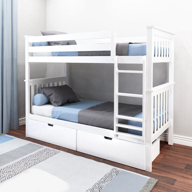 Max And Lily Twin Over Twin Bunk Bed With Storage White Angle View Max and Lily Twin Over Twin Bunk Bed With Storage in White - angled view of the bunk bed with a ladder and two pull-out storage drawers underneath in a styled bedroom.