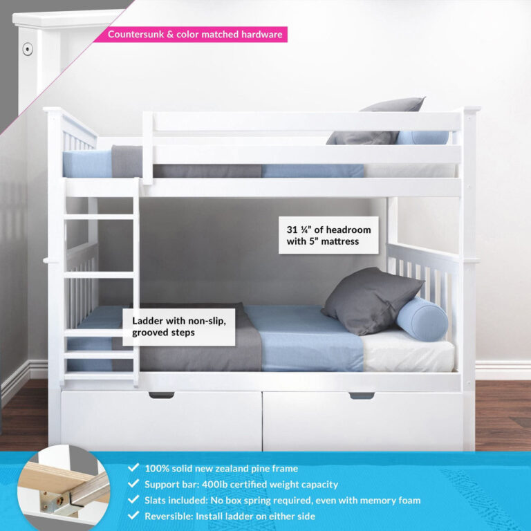 Max And Lily Twin Over Twin Bunk Bed With Storage White Features Diagram Max and Lily Twin Over Twin Bunk Bed With Storage in White - features diagram noting countersunk color-matched hardware, a non-slip grooved ladder, 31 1/4 inch headroom, included slats, and a 400 lb support bar.