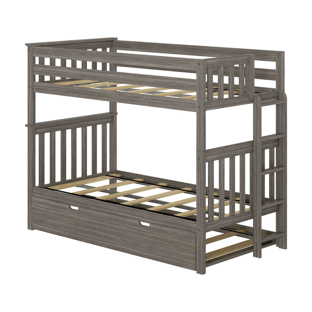 Max and Lily Twin Over Twin Bunk Bed With Trundle Bed and Ladder on End in Clay - angled studio view of the bare wood frame showing slats, guardrails, end ladder and trundle base