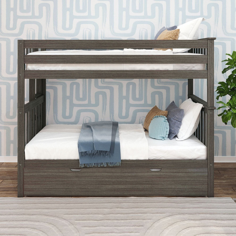 Max and Lily Twin Over Twin Bunk Bed With Trundle Bed and Ladder on End in Clay - front view showing made-up bunks, guardrails and closed trundle drawer below