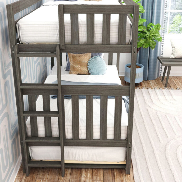 Max And Lily Twin Over Twin Bunk Bed With Trundle Bed And Ladder On End Clay Ladder Detail Max and Lily Twin Over Twin Bunk Bed With Trundle Bed and Ladder on End in Clay - close-up of the end ladder and safety guardrails in a bedroom setting