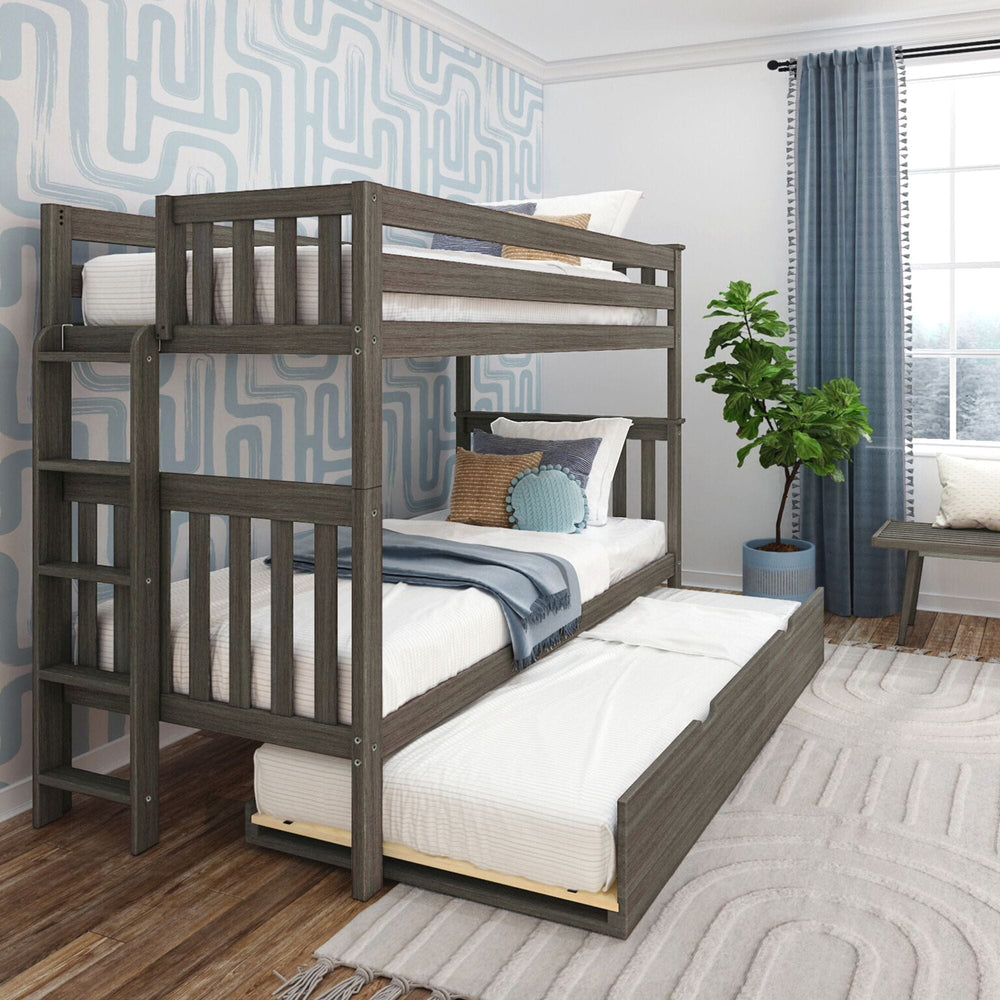 Max and Lily Twin Over Twin Bunk Bed With Trundle Bed and Ladder on End in Clay - angled room view with the trundle bed pulled out and end ladder in a styled bedroom