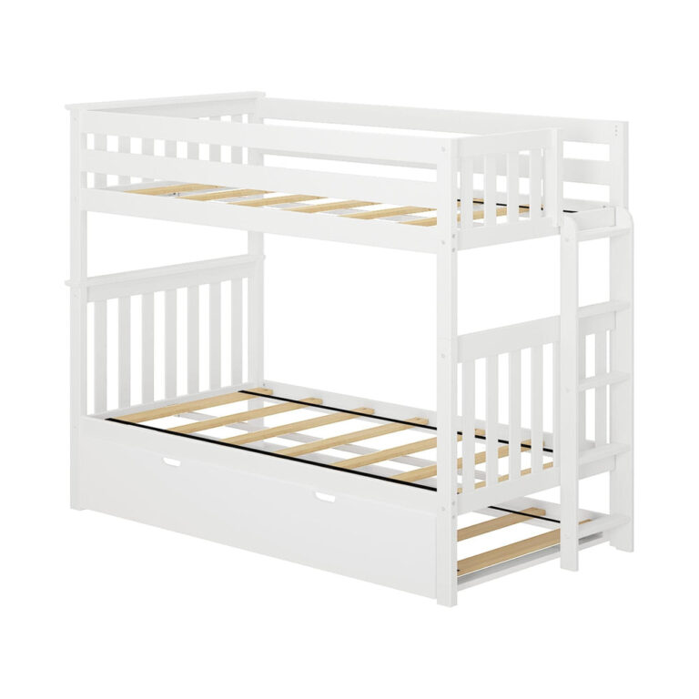 Max And Lily Twin Over Twin Bunk Bed With Trundle Bed And Ladder On End White Angle View Max and Lily Twin Over Twin Bunk Bed With Trundle Bed and Ladder on End in white - angled product view of the bare frame showing the wooden slats, end ladder, and pull-out trundle.