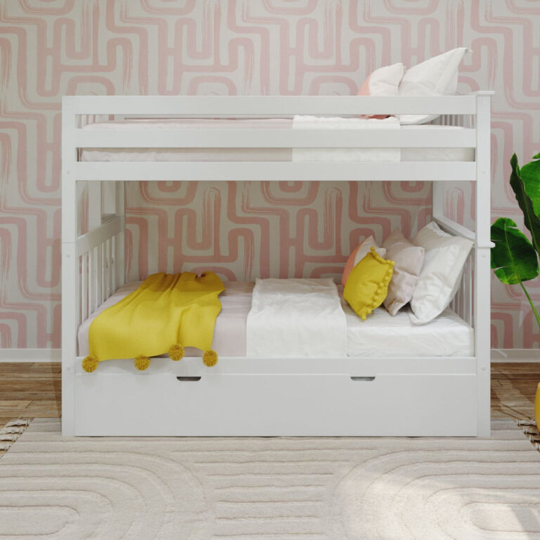 Max And Lily Twin Over Twin Bunk Bed With Trundle Bed And Ladder On End White Front View Max and Lily Twin Over Twin Bunk Bed With Trundle Bed and Ladder on End in white - front view showing both bunks made up with bedding and the trundle drawer below.