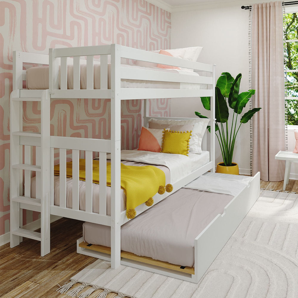 Max and Lily Twin Over Twin Bunk Bed With Trundle Bed and Ladder on End in white - styled kids bedroom with the trundle pulled out, end ladder, and safety guardrails on the top bunk.