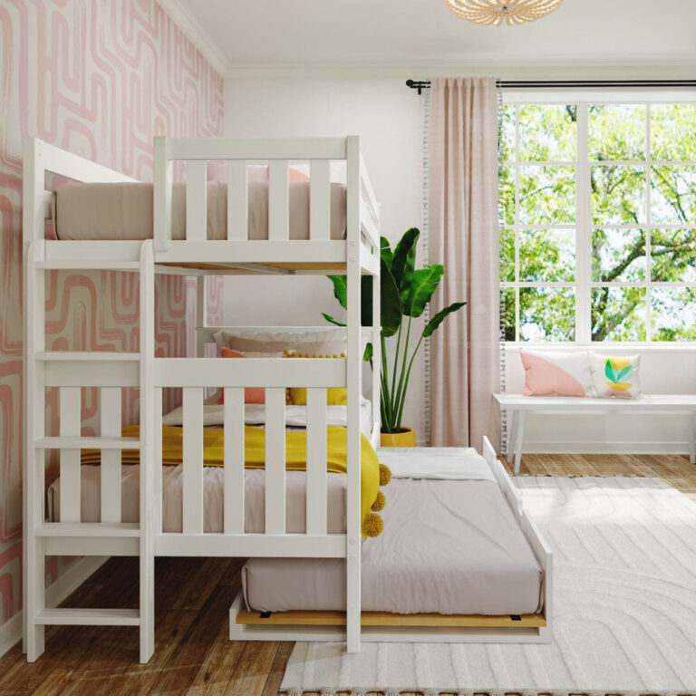Max And Lily Twin Over Twin Bunk Bed With Trundle Bed And Ladder On End White Room Scene 6 Max and Lily Twin Over Twin Bunk Bed With Trundle Bed and Ladder on End in white - styled bedroom view with the end ladder and trundle extended beside a bright window.